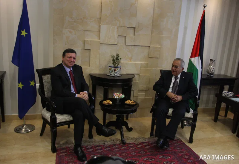 Palestinian Prime Minister Salam Fayyad, meets European Commission President Jose Manuel Barroso in the West Bank city of Ramallah July 8, 2012, as part of his first trip to Israel and the Palestinian territories. Photo...