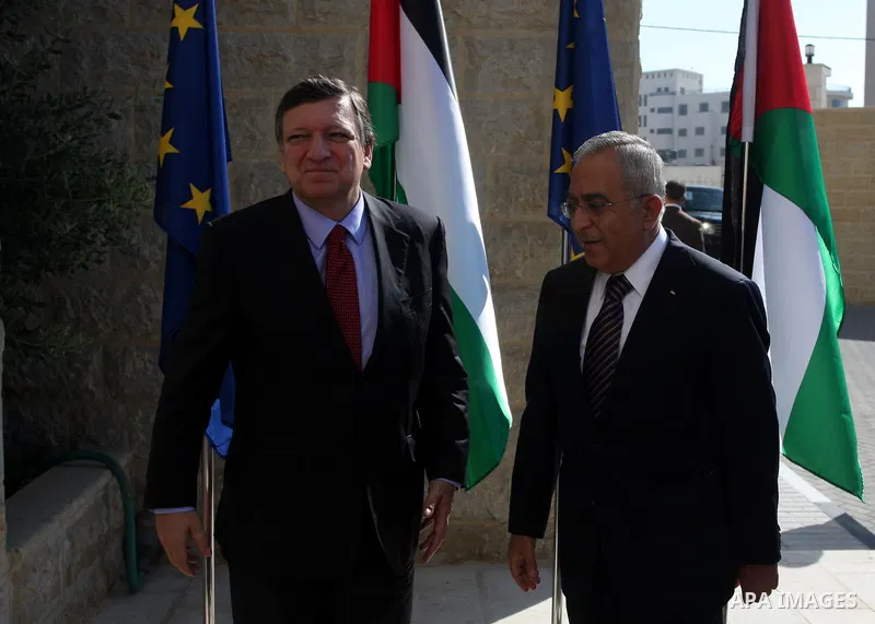 Palestinian Prime Minister Salam Fayyad, meets European Commission President Jose Manuel Barroso in the West Bank city of Ramallah July 8, 2012, as part of his first trip to Israel and the Palestinian territories. Photo...
