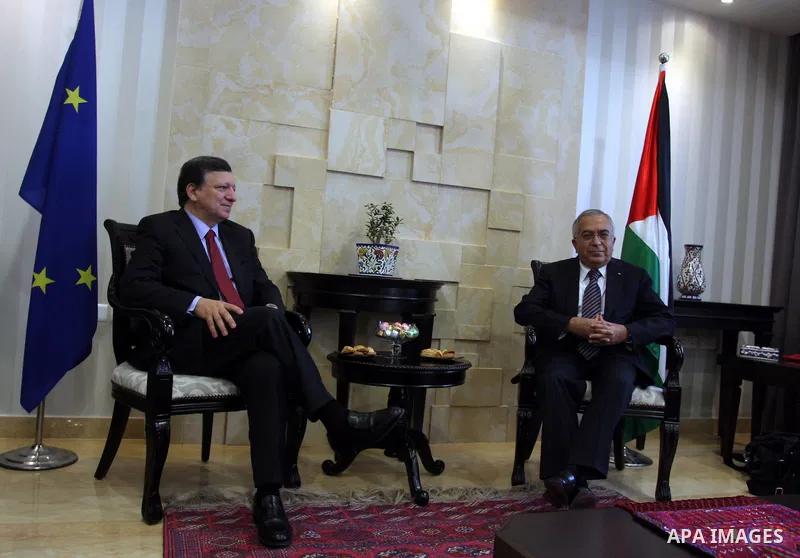 Palestinian Prime Minister Salam Fayyad, meets European Commission President Jose Manuel Barroso in the West Bank city of Ramallah July 8, 2012, as part of his first trip to Israel and the Palestinian territories. Photo...