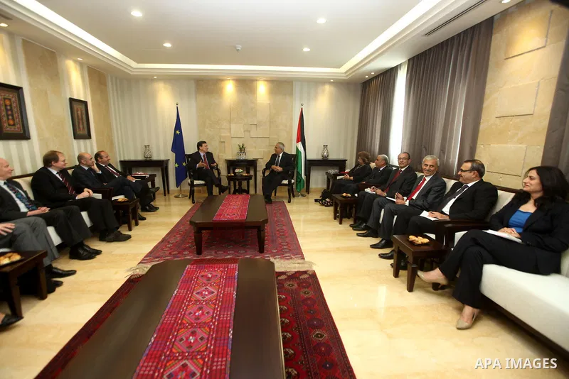 Palestinian Prime Minister Salam Fayyad, meets European Commission President Jose Manuel Barroso in the West Bank city of Ramallah July 8, 2012, as part of his first trip to Israel and the Palestinian territories. Photo...