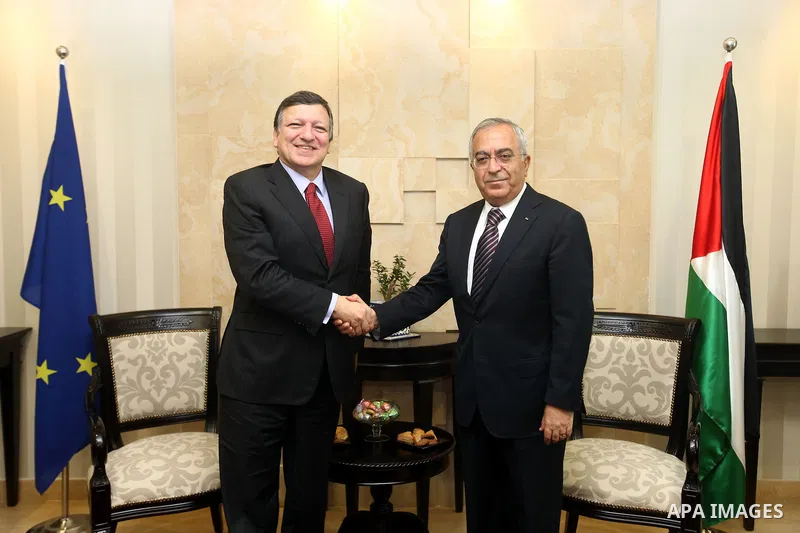 Palestinian Prime Minister Salam Fayyad, meets European Commission President Jose Manuel Barroso in the West Bank city of Ramallah July 8, 2012, as part of his first trip to Israel and the Palestinian territories. Photo...