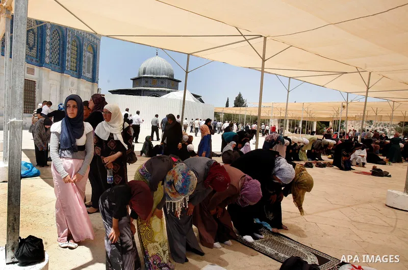 Palestinian Muslim worshippers participate Friday prayers, at the al-Aqsa Mosque compound, in Jerusalem's old city on July 13, 2012. Photo by Mahfouz Abu Turk