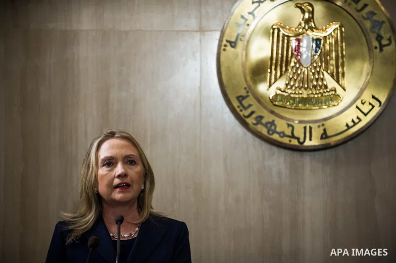 CAIRO, July 14, 2012 Visiting U.S. Secretary of State Hillary Clinton holds a joint press conference with Egyptian Foreign Minister Mohammed Kamel Amr (not seen) at the presidential palace in Cairo on July 14, 2012. (Xin...