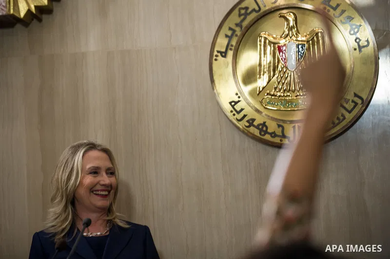 CAIRO, July 14, 2012 Visiting U.S. Secretary of State Hillary Clinton holds a joint press conference with Egyptian Foreign Minister Mohammed Kamel Amr (not seen) at the presidential palace in Cairo on July 14, 2012. (Xin...
