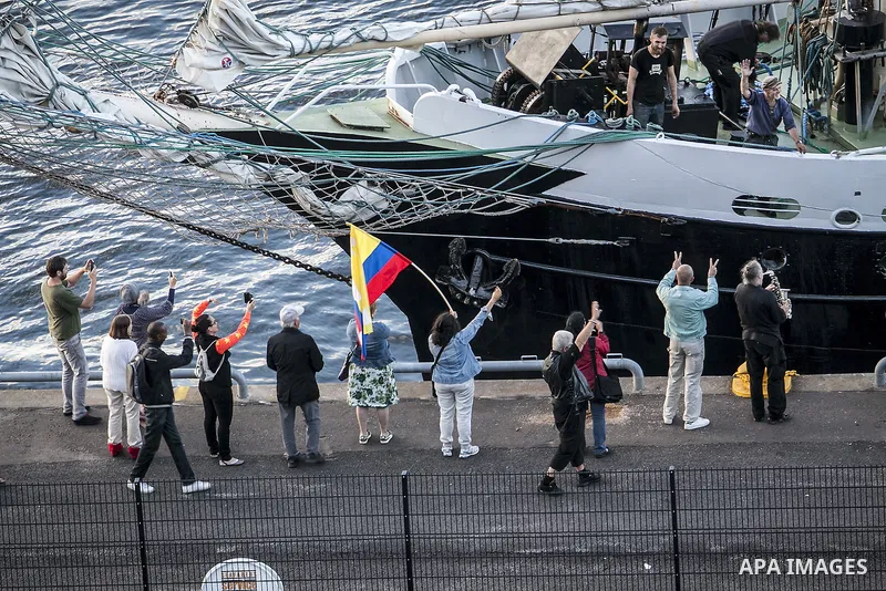 July 13, 2012 - Stockholm, Stockholm, Sweden - The humanitarian aid ship ''Estelle'' sets sail at the Skeppsbron port, Stockholm. The ship is part of a pro-palestinian caravan which heads to Gaza strip with the purpose t...