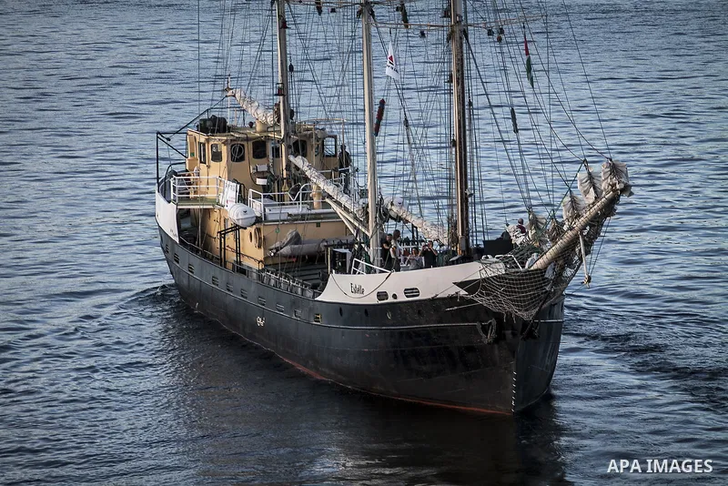 July 13, 2012 - Stockholm, Stockholm, Sweden - The humanitarian aid ship ''Estelle'' sets sail at the Skeppsbron port, Stockholm. The ship is part of a pro-palestinian caravan which heads to Gaza strip with the purpose t...