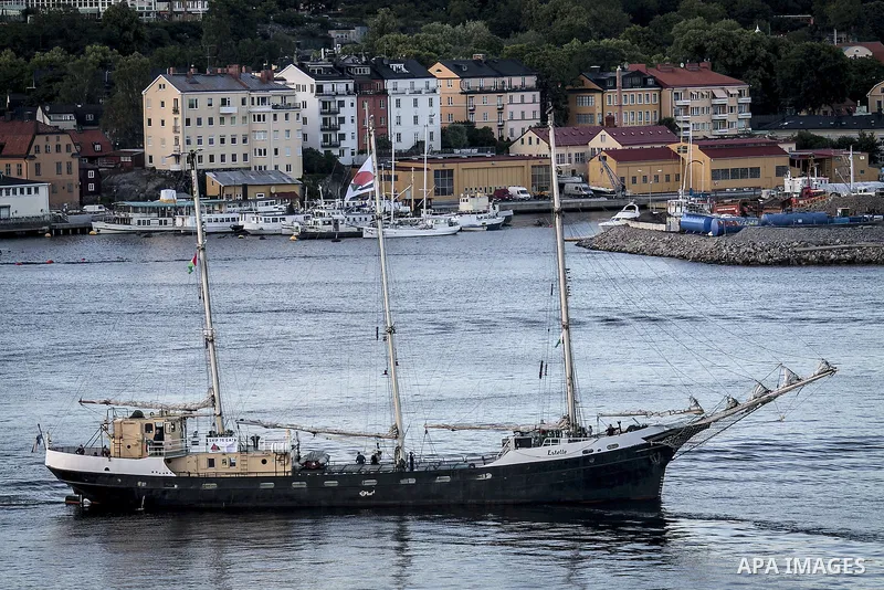 July 13, 2012 - Stockholm, Stockholm, Sweden - The humanitarian aid ship ''Estelle'' sets sail at the Skeppsbron port, Stockholm. The ship is part of a pro-palestinian caravan which heads to Gaza strip with the purpose t...