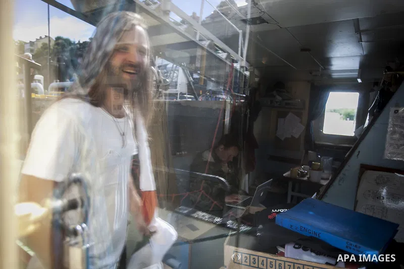 July 13, 2012 - Stockholm, Stockholm, Sweden - Members crew of the humanitarian aid ship ''Estelle'' get ready to set sail at the Skeppsbron port in Stockholm. The ship is part of a pro-palestinian caravan which heads to...