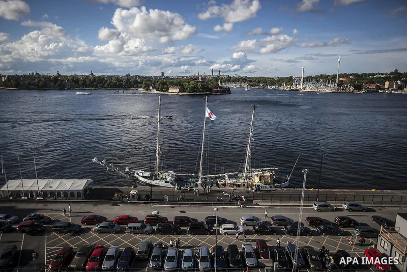 July 13, 2012 - Stockholm, Stockholm, Sweden - The humanitarian aid ship ''Estelle'' sets sail at the Skeppsbron port, Stockholm. The ship is part of a pro-palestinian caravan which heads to Gaza strip with the purpose t...