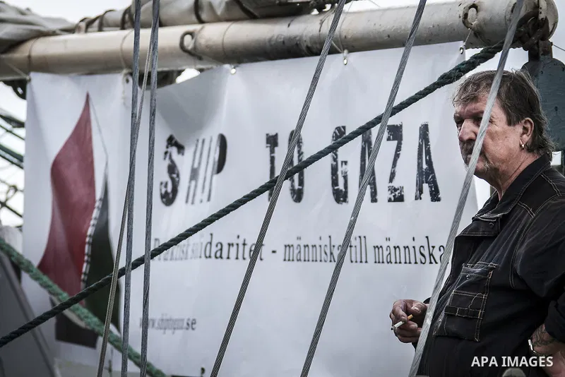 July 13, 2012 - Stockholm, Stockholm, Sweden - The humanitarian aid ship ''Estelle'' sets sail at the Skeppsbron port, Stockholm. The ship is part of a pro-palestinian caravan which heads to Gaza strip with the purpose t...