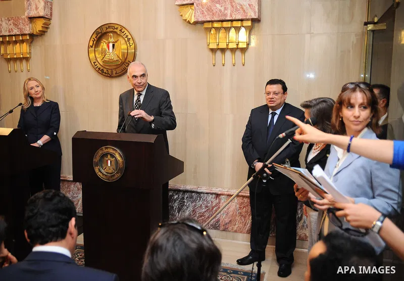 Egyptian Foreign Minister Mohammed Kamel Amr holds a joint press conference with US Secretary of State Hillary Clinton in Cairo on July 14, 2012. Clinton arrived in Cairo for talks with new Egyptian President Mohamed Mor...