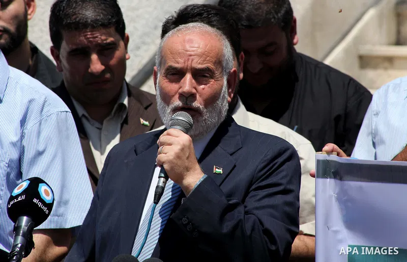 The spokesman of Hamas Parliament, Ahmed Bahar, delivers speech during a protest against political arrests by the security forces in the West Bank, Gaza City on July 15, 2012. Photo by Ashraf Amra