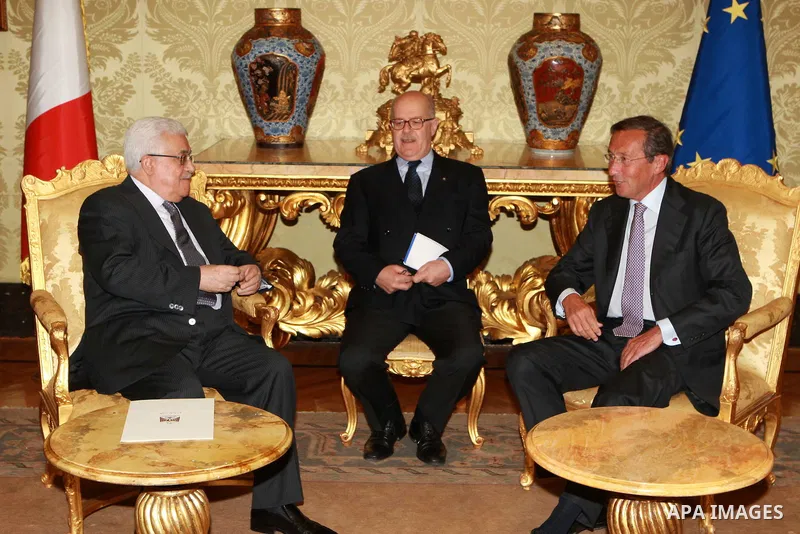 Palestinian President, Mahmoud Abbas (Abu Mazen) meets with the President of the Italian Parliament Gianfranco Fini in Rome on July 17, 2012. Photo by Thaer Ghanaim