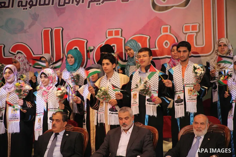 Palestinian Prime Minister in Gaza Ismail Haniyeh attends the ceremony for superior high school students in Gaza city, on 19 July 2012. The Ministry of Education in Gaza Strip announced the final results of high school f...