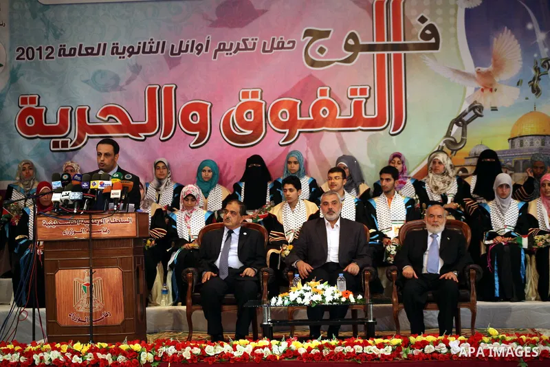 Palestinian Prime Minister in Gaza Ismail Haniyeh attends the ceremony for superior high school students in Gaza city, on 19 July 2012. The Ministry of Education in Gaza Strip announced the final results of high school f...