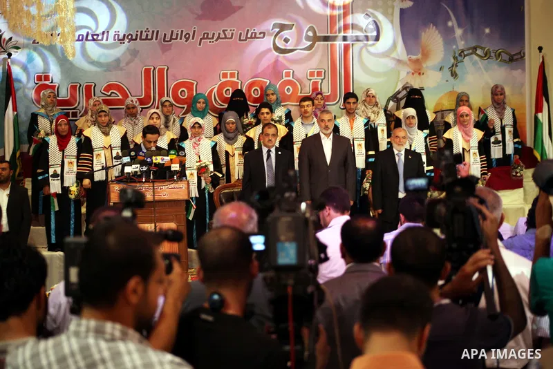 Palestinian Prime Minister in Gaza Ismail Haniyeh attends the ceremony for superior high school students in Gaza city, on 19 July 2012. The Ministry of Education in Gaza Strip announced the final results of high school f...