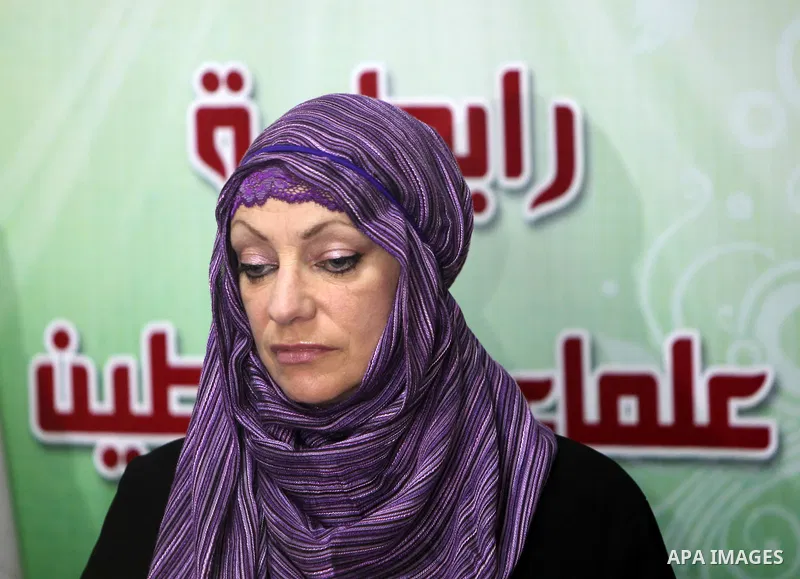 British citizen Anne Kennedy, 49, at the headquarters of the Palestinian Muslim Scholars association in Gaza city July 21, 2012 during a press conference to announcing her conversion to Islam in during the holy month of...