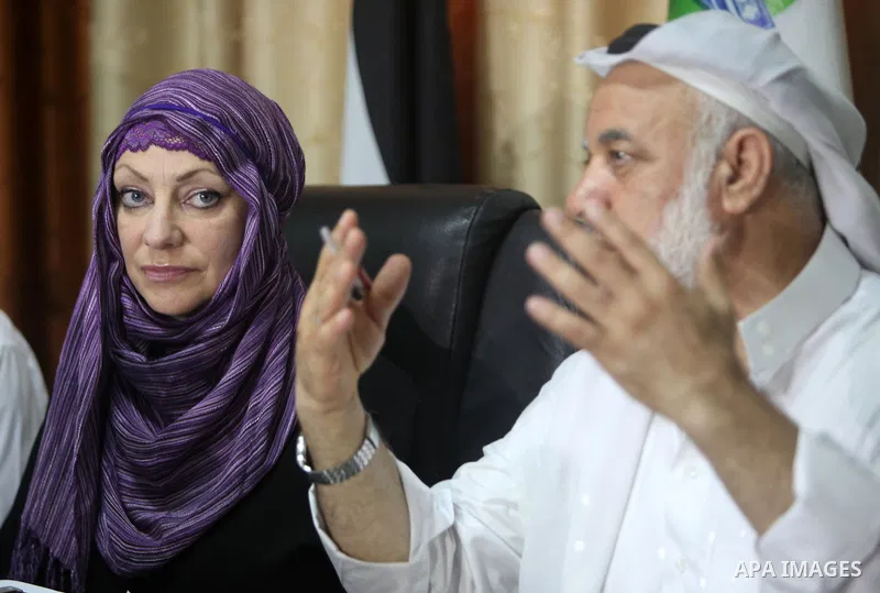 British citizen Anne Kennedy, 49, at the headquarters of the Palestinian Muslim Scholars association in Gaza city July 21, 2012 during a press conference to announcing her conversion to Islam in during the holy month of...