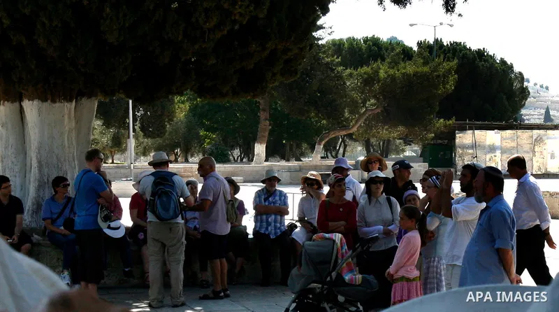 Jewish settlers walk past the Al-Aqsa mosque compound, Islam's third holiest site, during a visit under Israeli police protection in Jerusalem's old city on July 24, 2012. Photo by Mahfouz Abu Turk