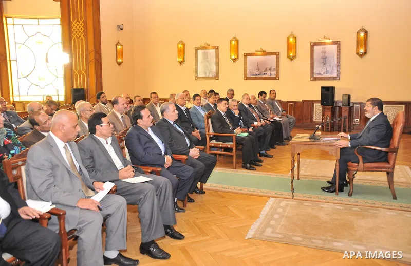 Egyptian President Mohamed Morsi delivering a speech to the Egyptian Labour and Union representatives at the Presidential Palace in Cairo, on July 25, 2012. Photo by Ahmed Fouad \ EGYPTIAN PRESIDENCY