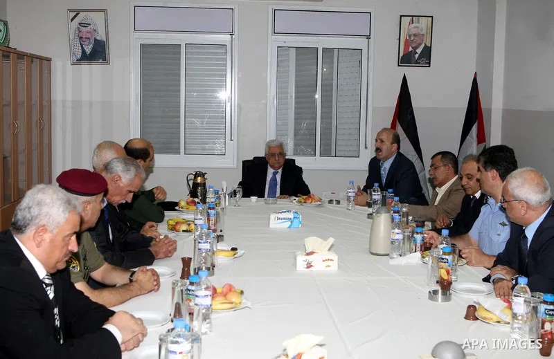 Palestinian President Mahmoud Abbas (Abu Mazen) meets with leaders of the security services in the West Bank city of Jenin on July 28, 2012. Photo by Thaer Ganaim
