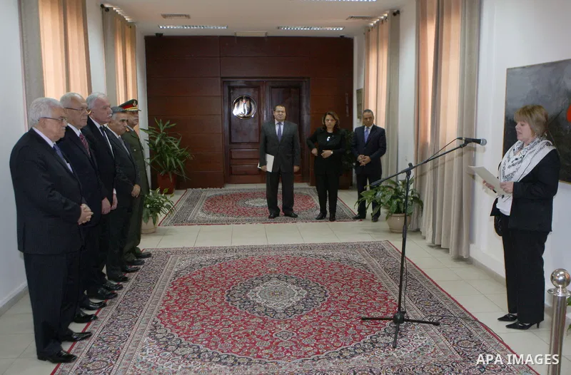 Palestinian President Mahmoud Abbas (Abu Mazen) accepts the credentials of the representative of Ireland for the Palestinian National Authority, in the West Bank city of Ramallah, on July 30, 2012. Photo by Thaer Ganaim