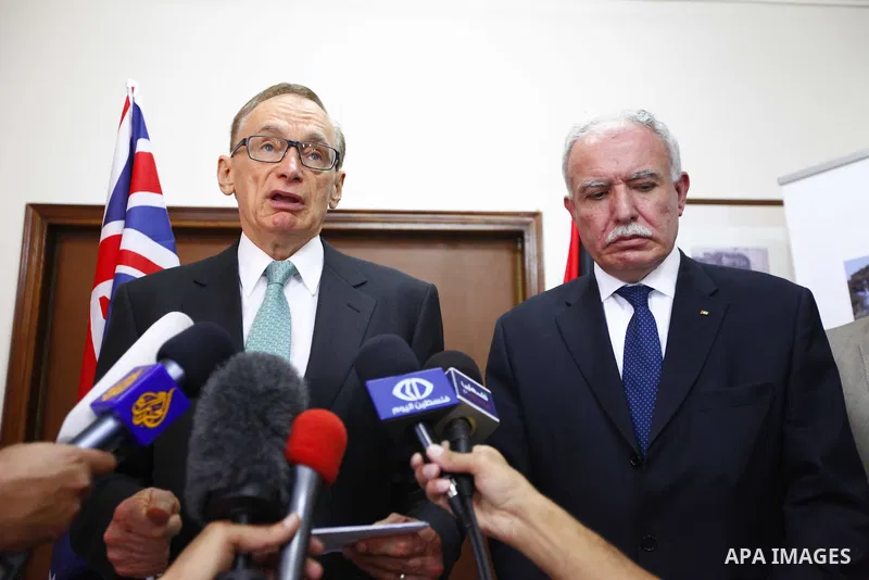 Palestinian Foreign Affairs Minister Riyad al-Maliki during a joint news conference with Australian Foreign Minister Senator Bob Carr in the West Bank city of Ramallah on August 6, 2012. as Non-Aligned Movement (NAM) min...