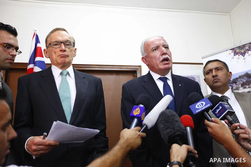 Palestinian Foreign Affairs Minister Riyad al-Maliki during a joint news conference with Australian Foreign Minister Senator Bob Carr in the West Bank city of Ramallah on August 6, 2012. as Non-Aligned Movement (NAM) min...