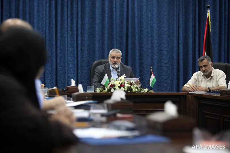 Palestinian Prime Minister in Gaza Ismail Haniyeh chairs a Ministerial meeting to consult in the last events on Rafah border between Egypt and the southern Gaza Strip, on 06 August 2012. Egypt has closed the terminal, th...