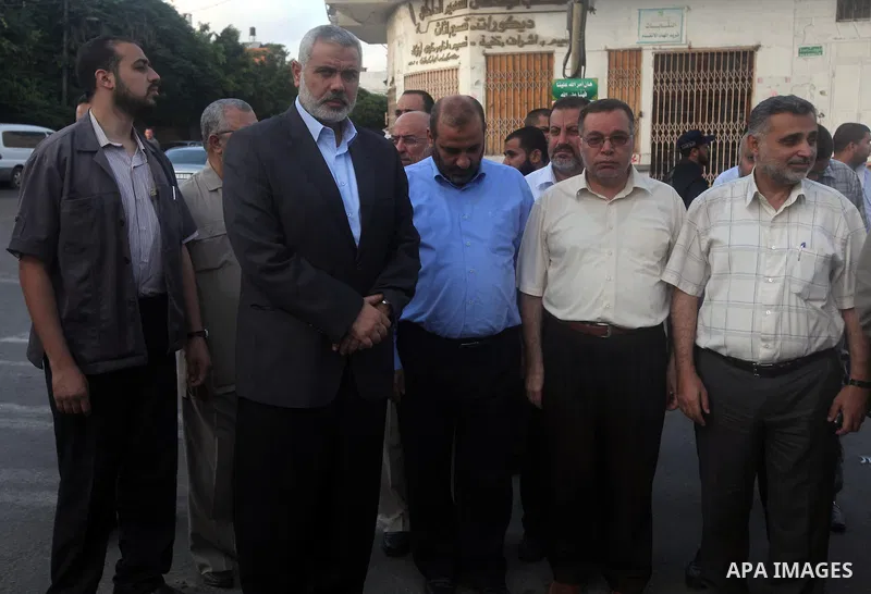 Palestinian Prime Minister in Gaza Strip, Ismail Haniyeh visits the mourning tent of the Egyptian soldiers who were killed on on Rafah border between Egypt and the southern Gaza Strip, on 06 August 2012. Egypt has closed...