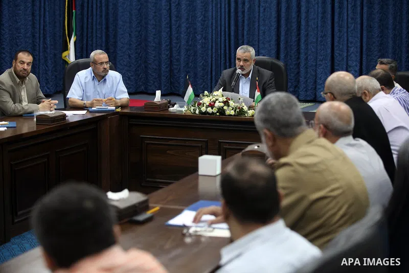 Palestinian Prime Minister in Gaza Ismail Haniyeh chairs a Ministerial meeting to consult in the last events on Rafah border between Egypt and the southern Gaza Strip, on 06 August 2012. Egypt has closed the terminal, th...