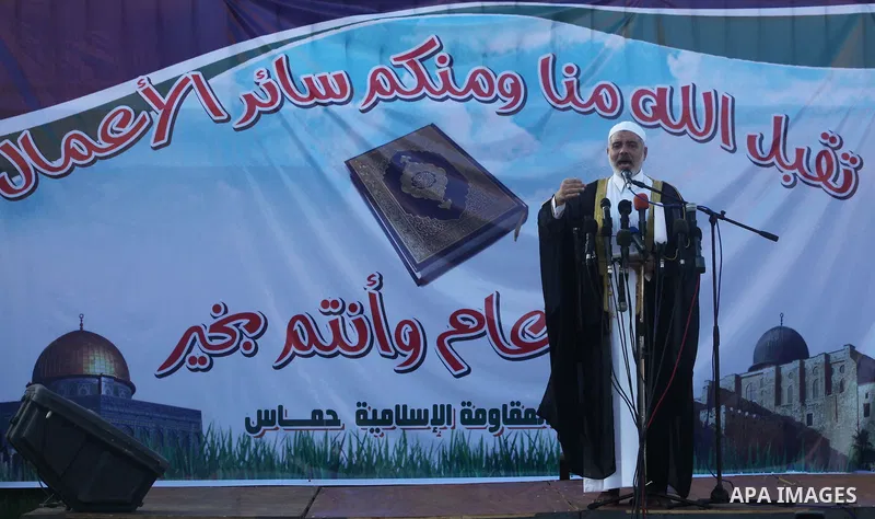 Palestinian Prime Minister in Gaza Strip, Ismail Haniyeh, gives a speech during Eid Al-Fitr prayers in Gaza City August 19, 2012. Eid al-Fitr marks the end of the Muslim holy month of Ramadan. Photo by Ashraf Amra