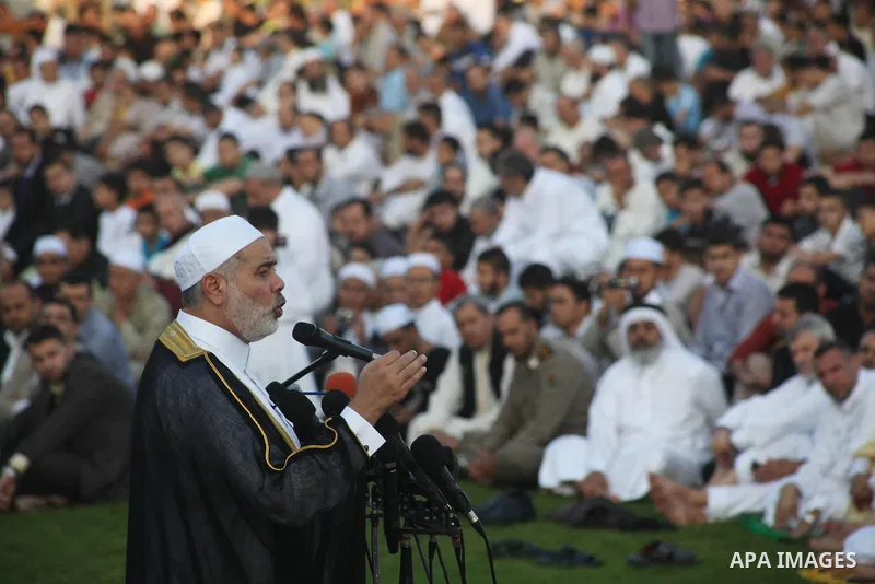 Palestinian Prime Minister in Gaza Strip, Ismail Haniyeh, gives a speech during Eid Al-Fitr prayers in Gaza City August 19, 2012. Eid al-Fitr marks the end of the Muslim holy month of Ramadan. Photo by Ashraf Amra