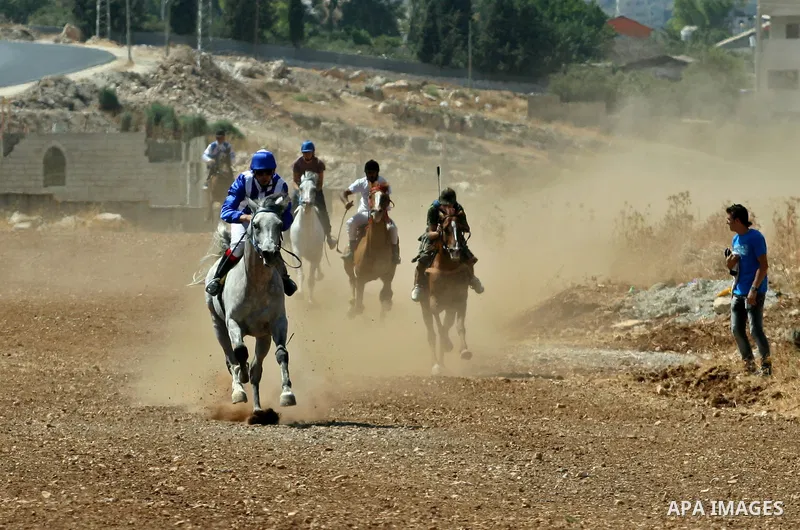Palestinian jockeys ride their horses during a race in the West Bank city of Nablus on Aug 21, 2012. Hundreds of Palestinians from all over the West Bank gathered to follow the horse race on Tuesday in the northern West...