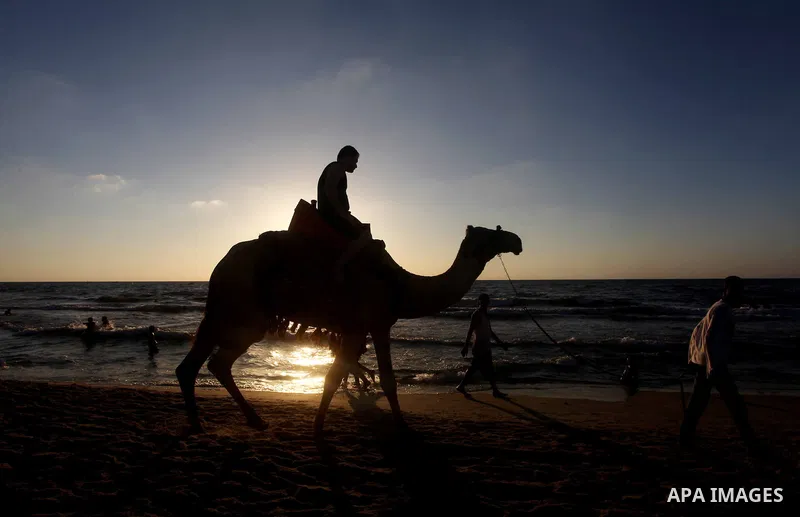 A Palestinian child ride a camel at Gaza beach during Friday holiday in Gaza city, Aug 24, 2012. Gazans escape to the beach and out from their homes during heat wave and power outages. Photo by Ashraf Amra