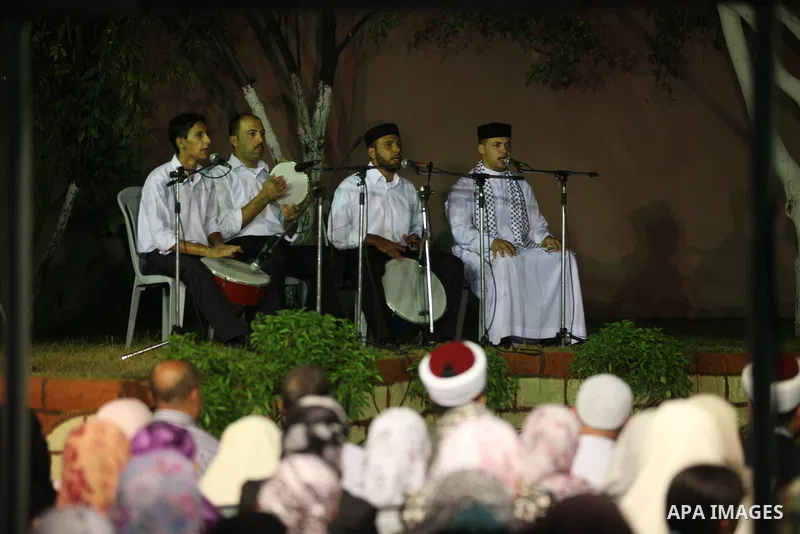 Palestinian Sufi artists performs the sufis songs during a celebration in Gaza city on Aug 28, 2012. Mystic songs symbolizing peace, brotherhood and love. Photo by Majdi Fathi