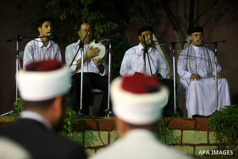 Palestinian Sufi artists performs the sufis songs during a celebration in Gaza city on Aug 28, 2012. Mystic songs symbolizing peace, brotherhood and love. Photo by Majdi Fathi