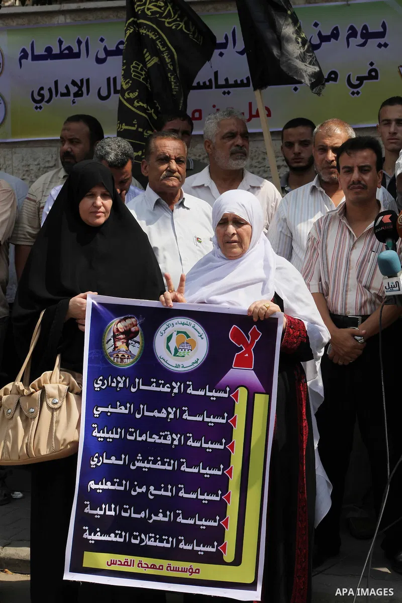Palestinians hold up signs during a protest against administrative detention of Palestinian prisoners In Israeli jails, in front of the Red Cross headquarters in Gaza City on Aug. 29, 2012. Photo by Ashraf Amra