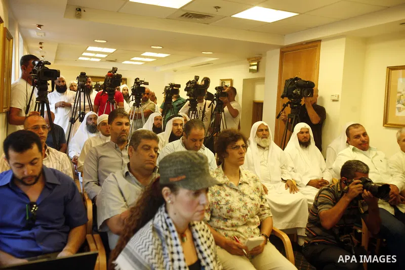 Sheikh Salah Abu Arafa speaks during press conference to discuss the situation in Syria at the Ambassador Hotel, in the West Bank city of Jerusalem, on Aug. 30, 2012. Photo by Mahfouz Abu Turk