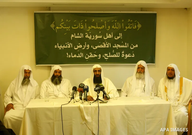 Sheikh Salah Abu Arafa speaks during press conference to discuss the situation in Syria at the Ambassador Hotel, in the West Bank city of Jerusalem, on Aug. 30, 2012. Photo by Mahfouz Abu Turk