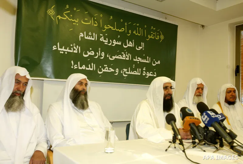 Sheikh Salah Abu Arafa speaks during press conference to discuss the situation in Syria at the Ambassador Hotel, in the West Bank city of Jerusalem, on Aug. 30, 2012. Photo by Mahfouz Abu Turk