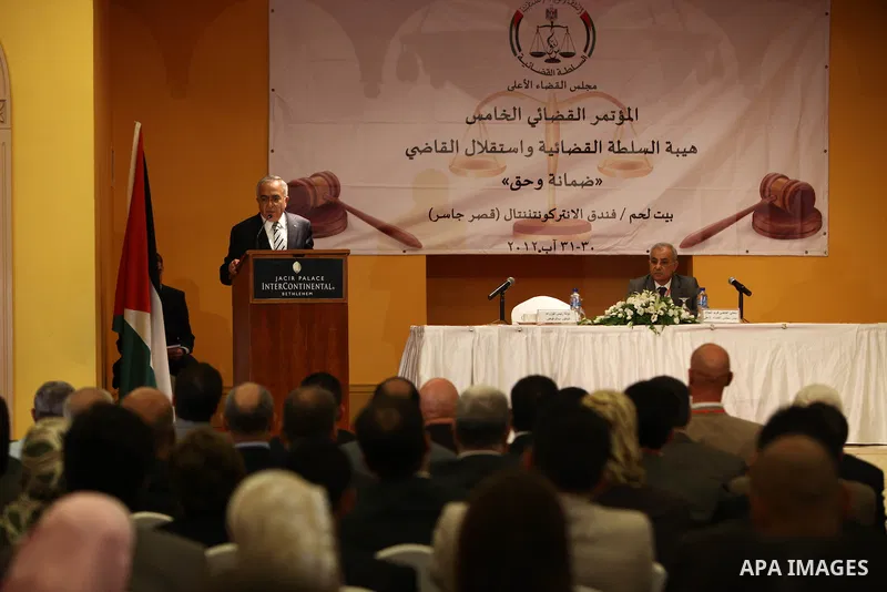 Palestinian Prime Minister, Salam Fayyad during the Fifth Judicial Conference "guaranteed right" in the West Bank city of Bethlehem, on Aug. 30, 2012. Photo by Mustafa Abu Dayeh
