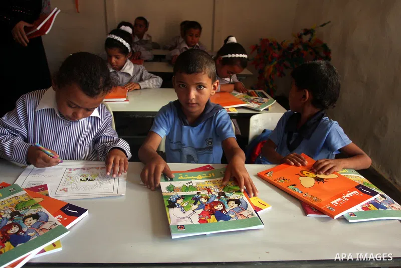 Palestinian students at their school during the visit of Palestinian Prime Minister Salam Fayyad to the "al-Khan al-Ahmar" school, on the first day of the new school year, in Abu Hindi valley in the bedouin, in occupied...