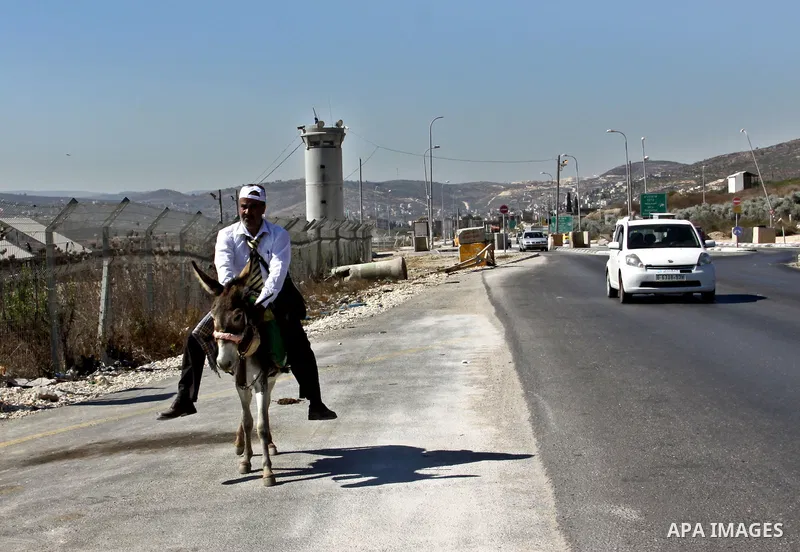 A Palestinian journalist, Rommel Suyuti rides a donkey during a protest against rising fuel prices, in the West Bank city of Nablus, on Sep. 03, 2012. Photo by Nedal Eshtayah