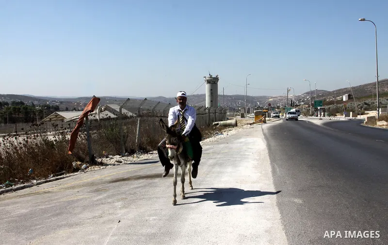 A Palestinian journalist, Rommel Suyuti rides a donkey during a protest against rising fuel prices, in the West Bank city of Nablus, on Sep. 03, 2012. Photo by Nedal Eshtayah