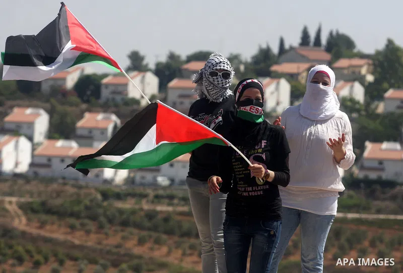 Palestinian youths wave their national flag during a protest against the confiscation of Palestinian land to expand Jewish settlements in the West Bank village of Nabi Saleh near Ramallah on Friday, Sept. 07, 2012. Photo...