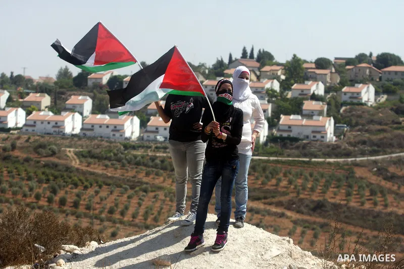 Palestinian youths wave their national flag during a protest against the confiscation of Palestinian land to expand Jewish settlements in the West Bank village of Nabi Saleh near Ramallah on Friday, Sept. 07, 2012. Photo...
