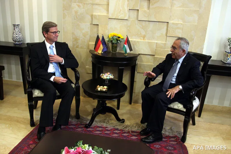Palestinian Prime Minister Salam Fayyad (R) meets with Germany's Foreign Minister Guido Westerwelle in the West Bank city of Ramallah September 9, 2012. Westerwelle urged Iran on Sunday to bring "substantial offers" to a...