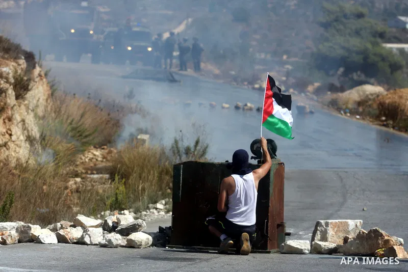A Palestinian youth holds up national flags during a protest against the confiscation of Palestinian land to expand Jewish settlements in the West Bank village of Nabi Saleh near Ramallah on September 14, 2012.The weekly...