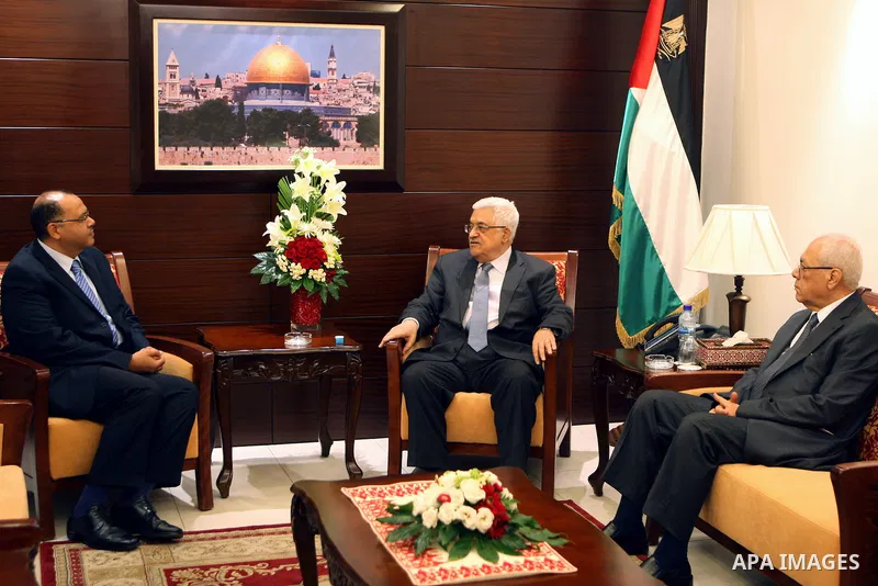 Palestinian President Mahmoud Abbas (Abu Mazen) meets with the Egyptian ambassador in the West Bank city of Ramallah, Sept. 18, 2012. Photo by Thaer Ganaim